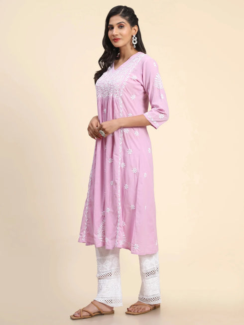 Noor Hand Embroidered Chikankari Long A-Line Kurti for Women- Lavender